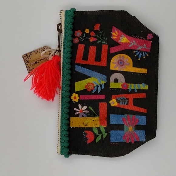 Natural Life Painted Canvas Coin Pouch LIVE HAPPY with tassel multicol… - Picture 1 of 6